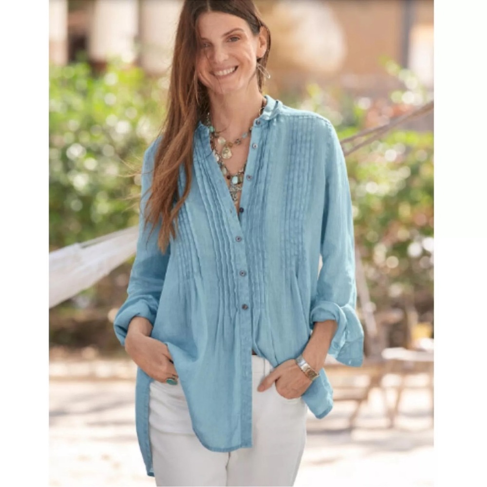 Sundance Katina Shirt 100% Linen Pintuck Tunic Shirt Blue Size M
